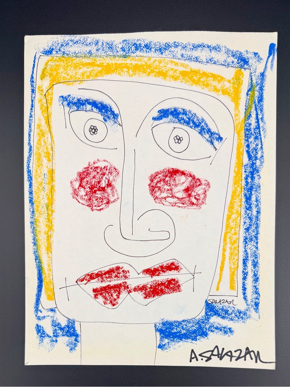 Modern Abstract Face Print in Blue, Yellow, Red by A SALAZAR